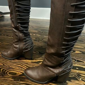 Brown Knee High Lace Up Heeled Boots